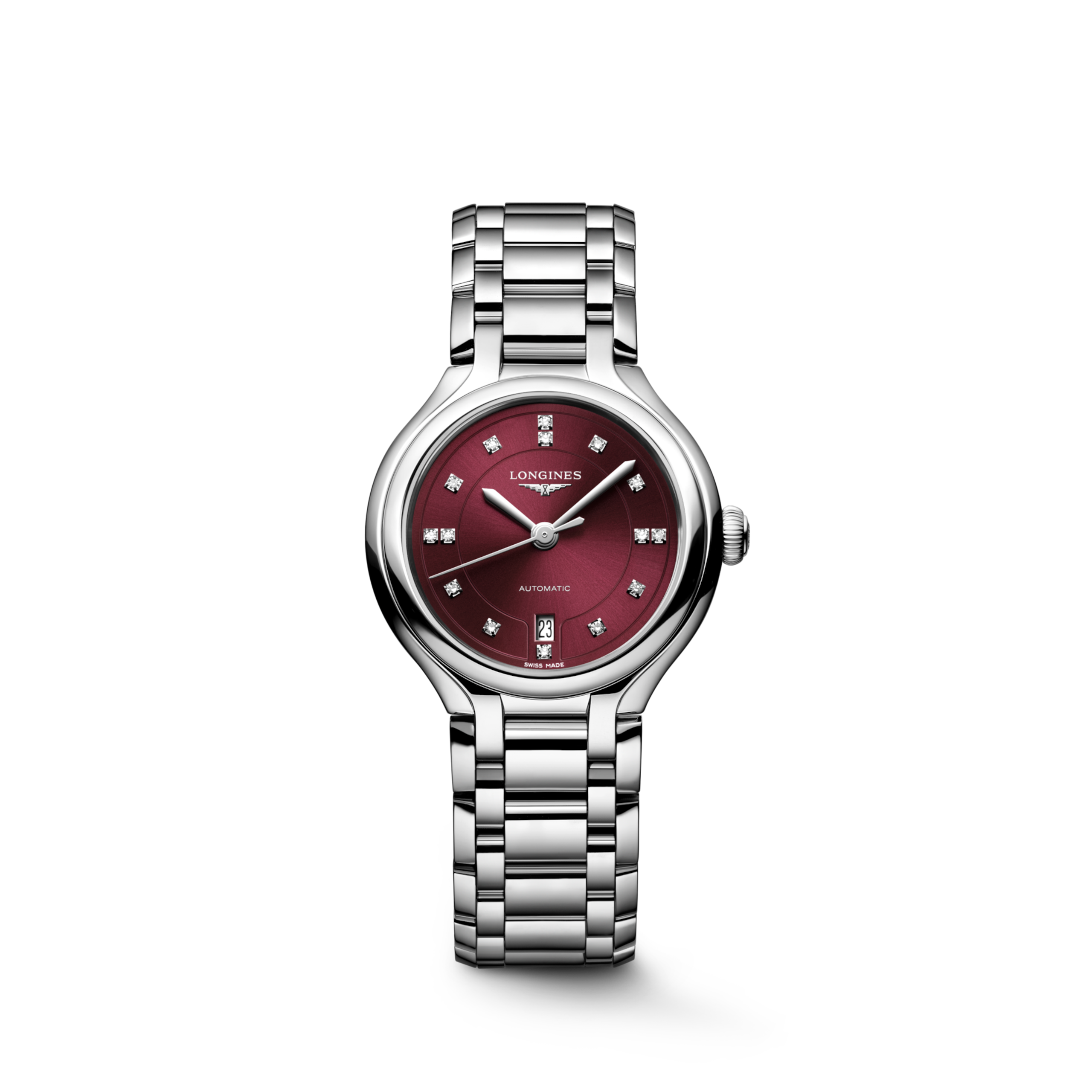 LONGINES PRIMALUNA L8.123.4.67.6 Automatik, Edelstahl, Bordeauxrot, Armband Watch - Uhren-Soldier