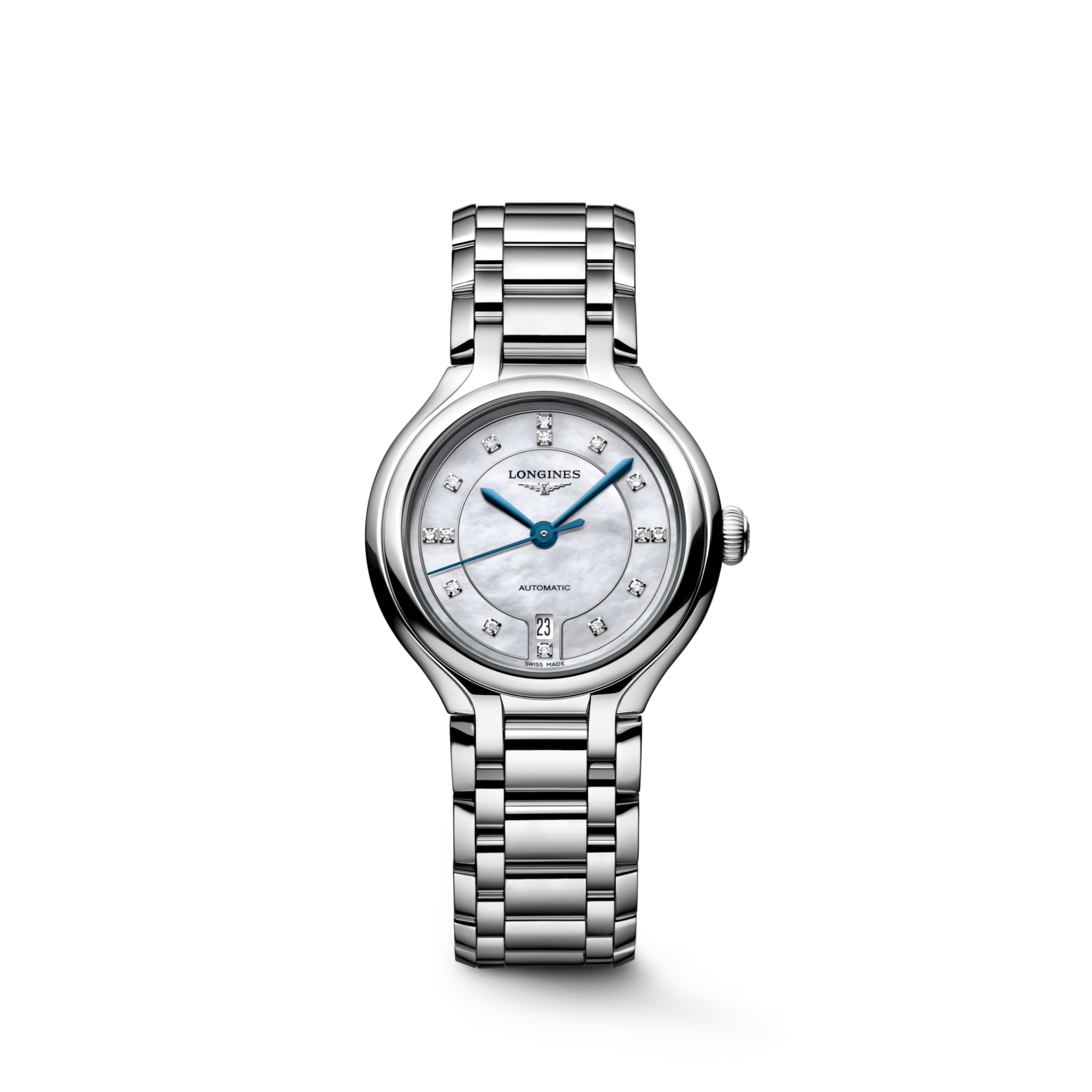 LONGINES PRIMALUNA L8.123.4.87.6 Automatique, Acier, Nacre blanche, Bracelet Watch - Vue frontale de la montre