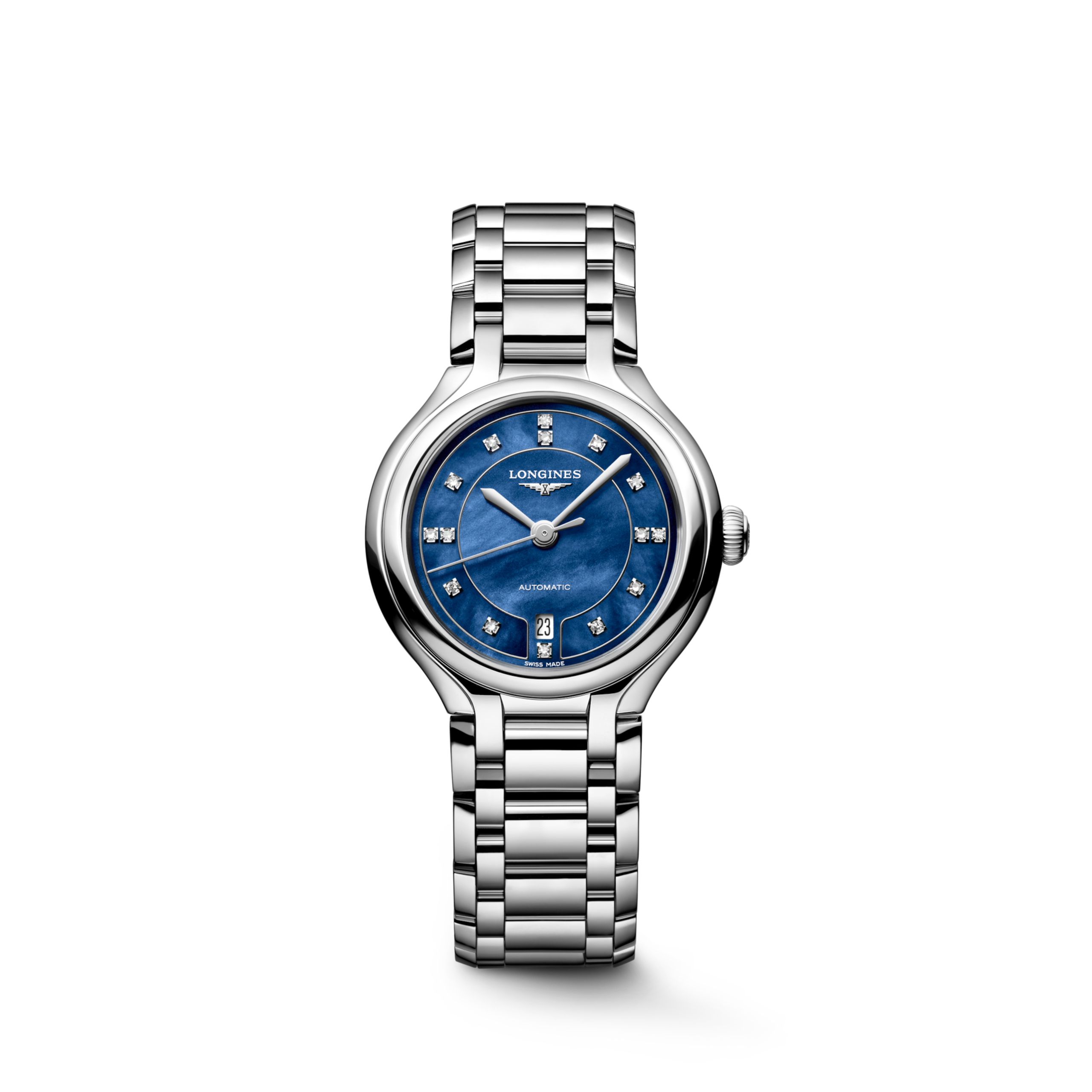 LONGINES PRIMALUNA L8.123.4.97.6 Automatique, Acier, Nacre bleue lumineuse
, Bracelet Watch - Vue frontale de la montre