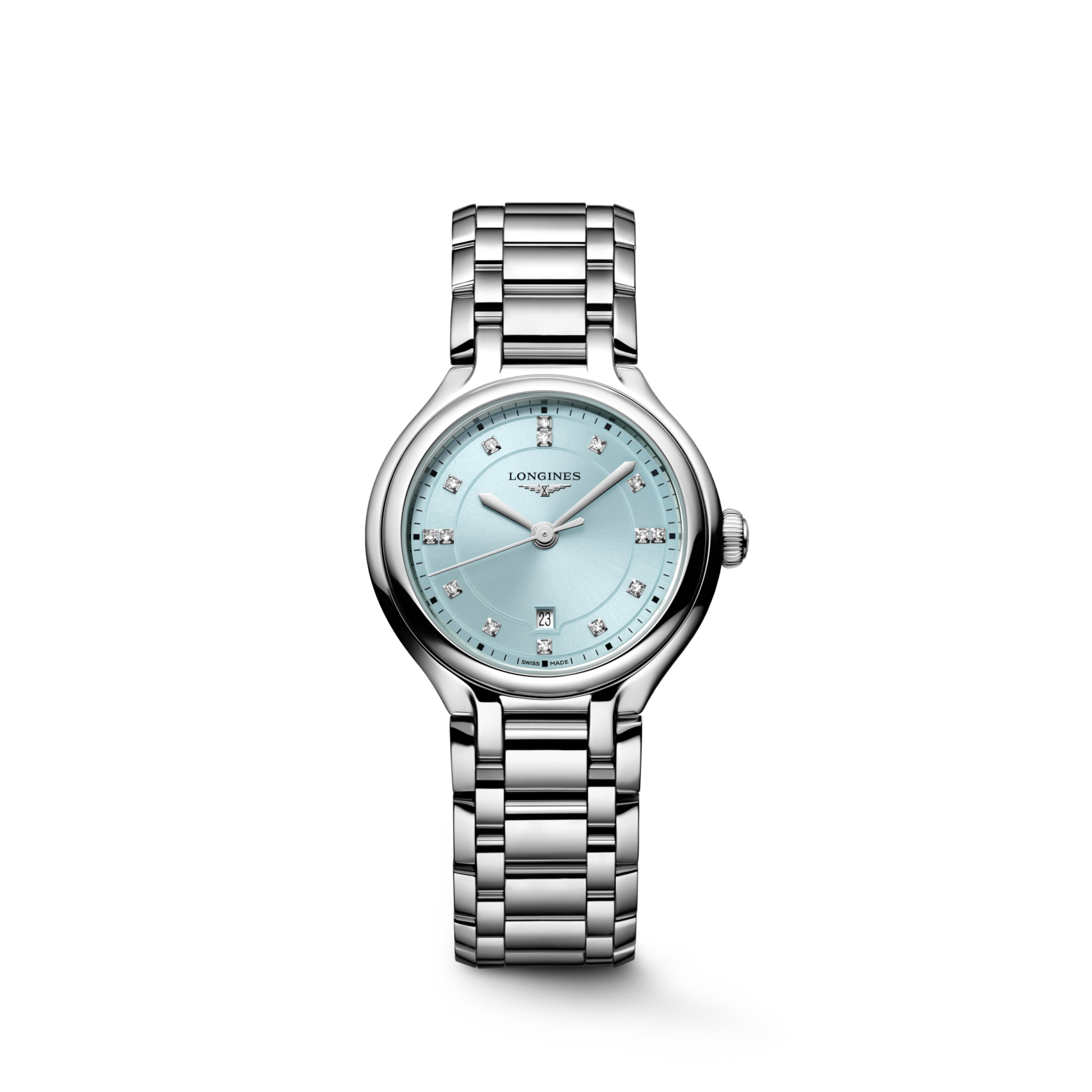 LONGINES PRIMALUNA L8.142.4.97.6 Quartz, Acier, Mint Blue sunray, Bracelet Watch - Vue frontale de la montre