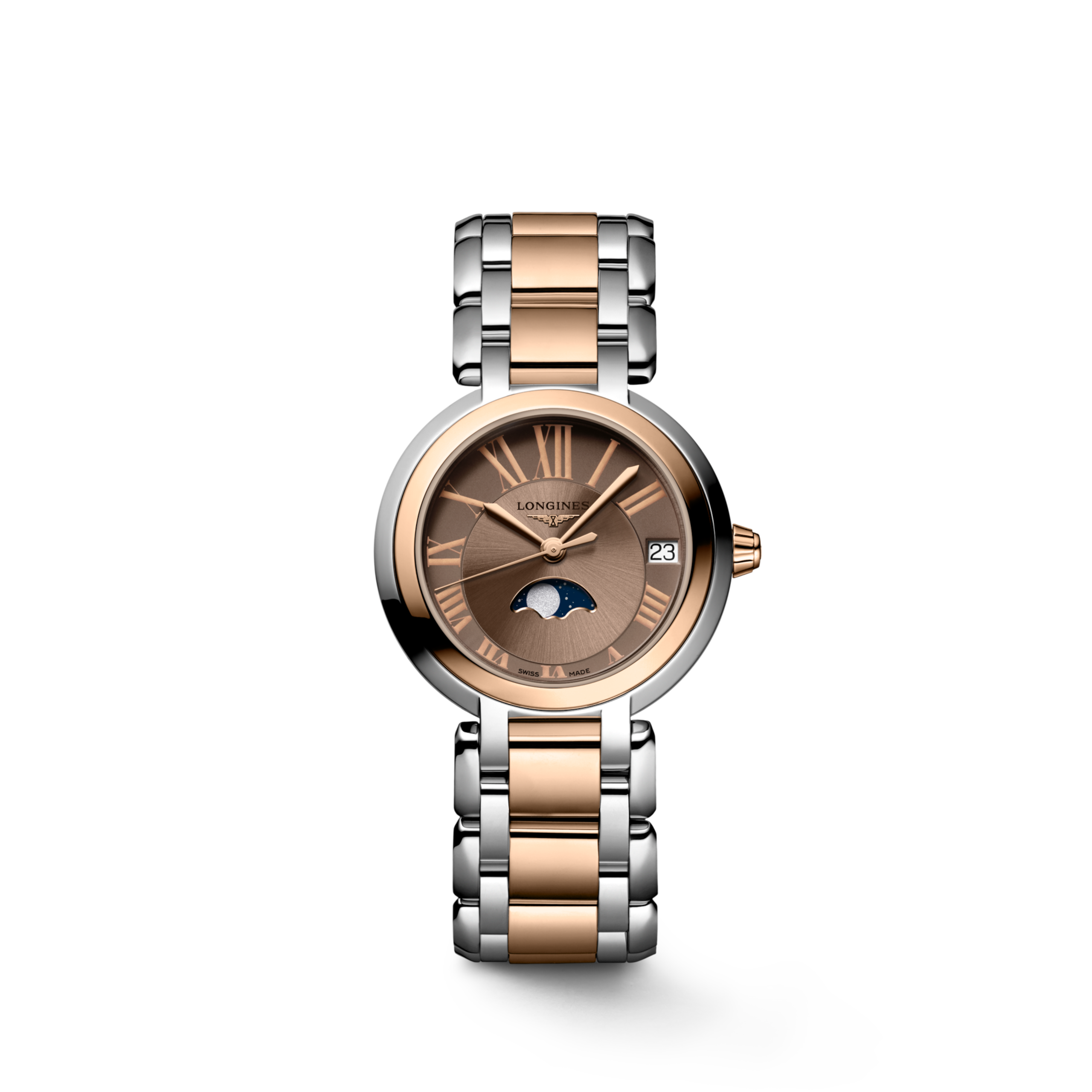 Longines PRIMALUNA MOONPHASE quartz acier et coiffe en or rose 18 carats 200 microns Watch - L8.115.5.61.7