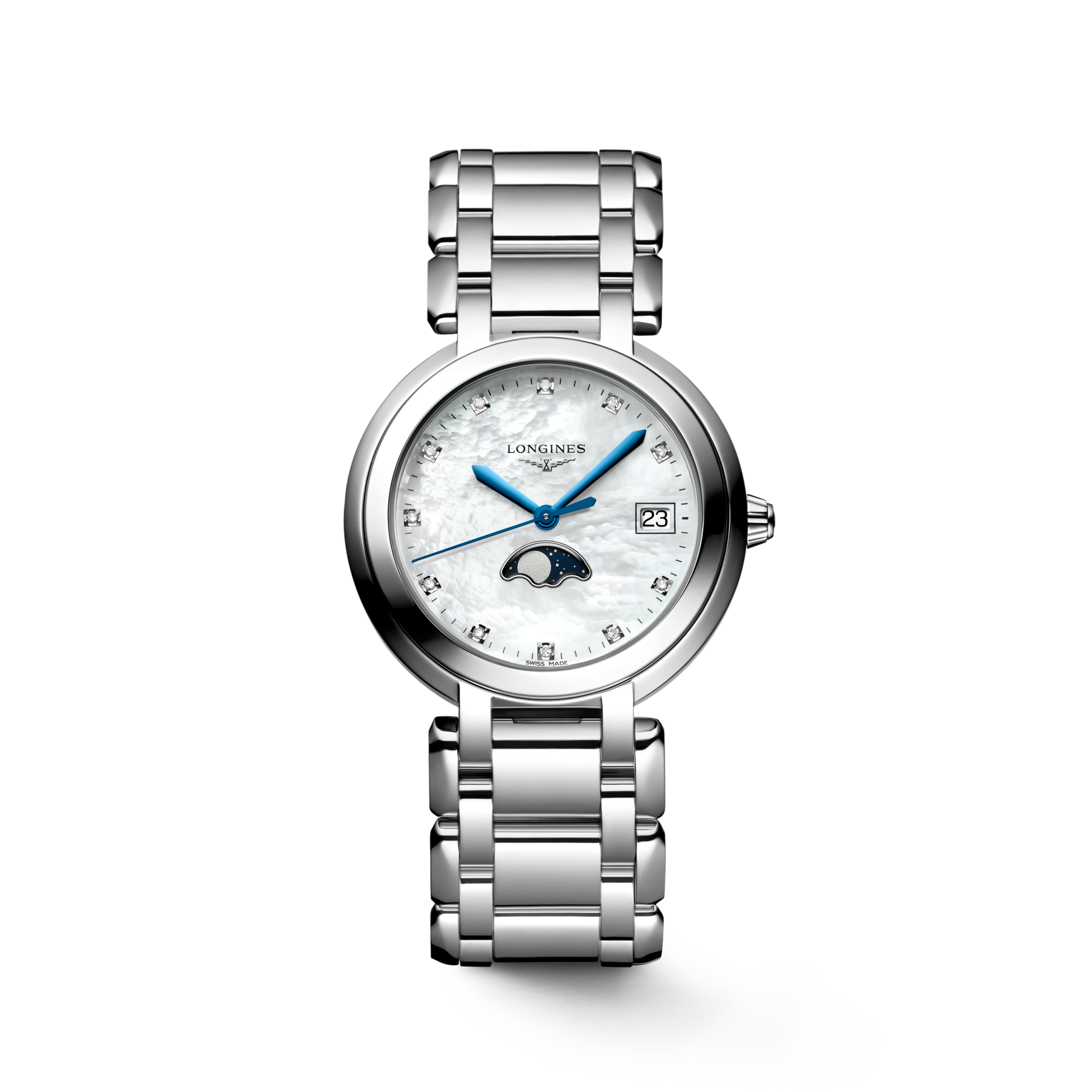 LONGINES PRIMALUNA MOONPHASE Quartz, Stainless Steel, White Mother