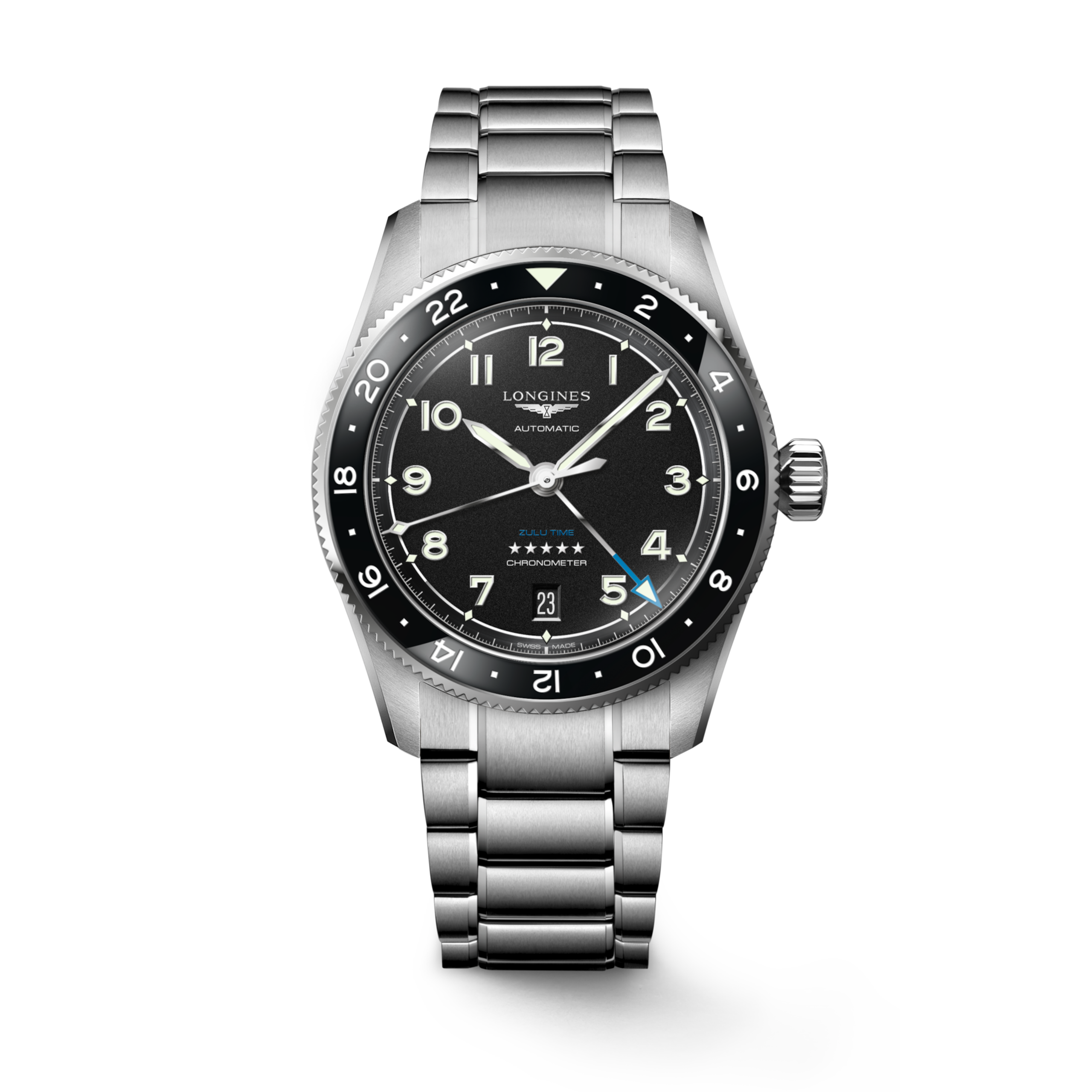 Longines SPIRIT ZULU TIME automatic stainless steel and ceramic bezel Watch - L3.802.4.53.6