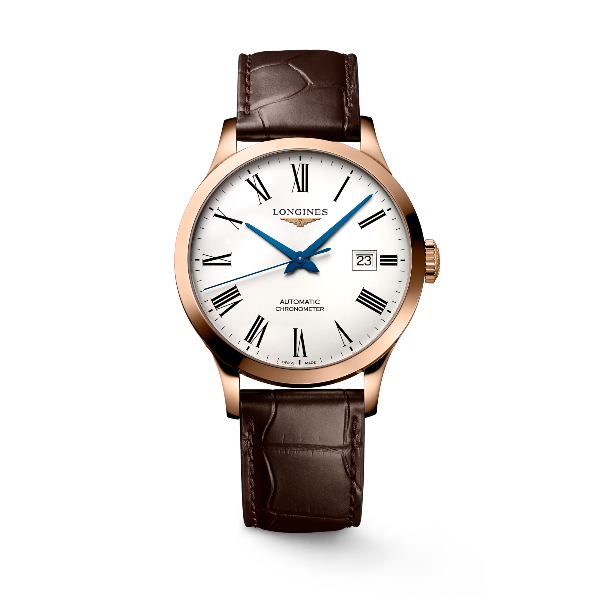 Longines ローズゴールド アナログ自動巻き時計 RECORD Automatic, Rose Gold 18 Carats, White Matt Dial, Strap