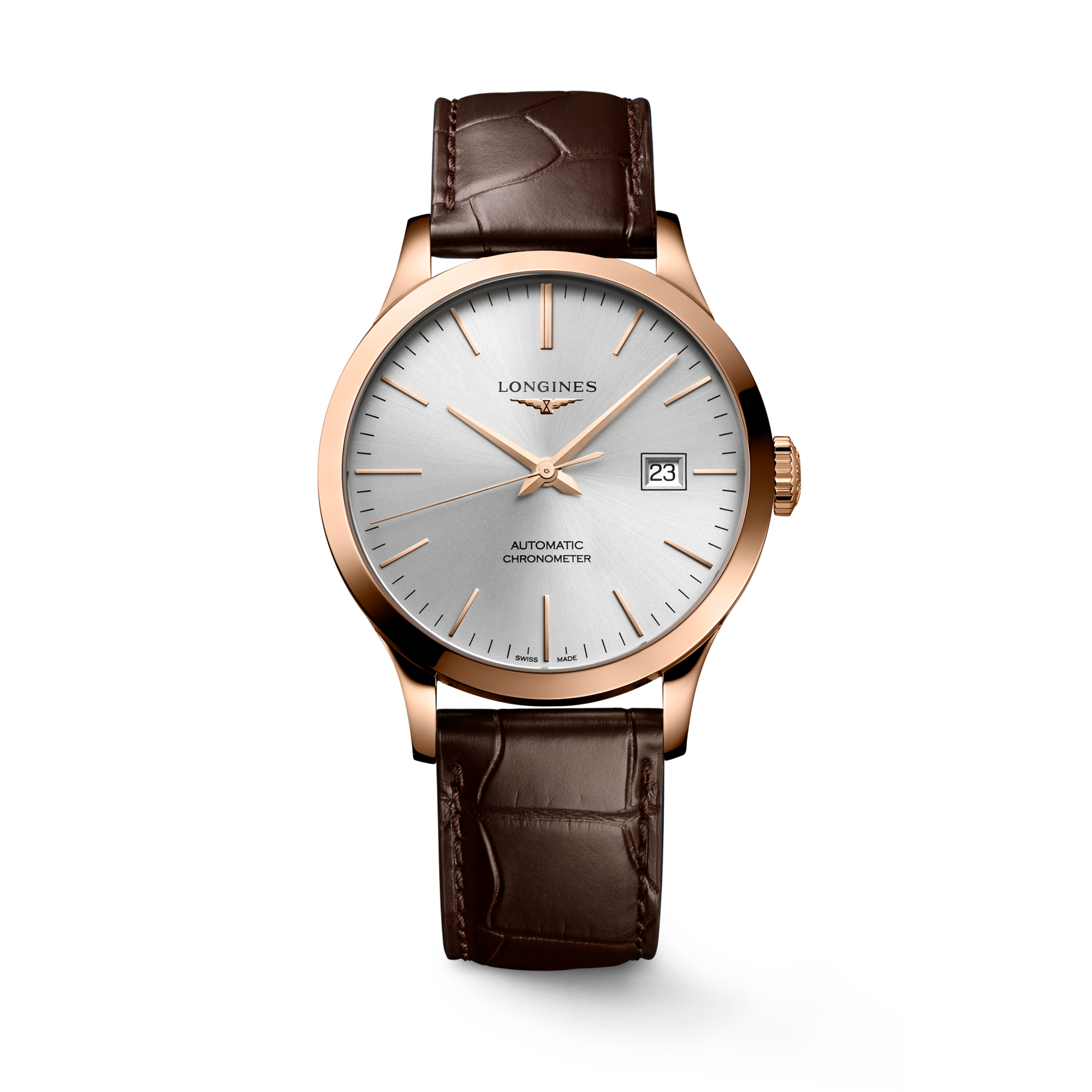 レコード 自動巻、18kピンクゴールド、シルバー「サンレイ」 ダイアル