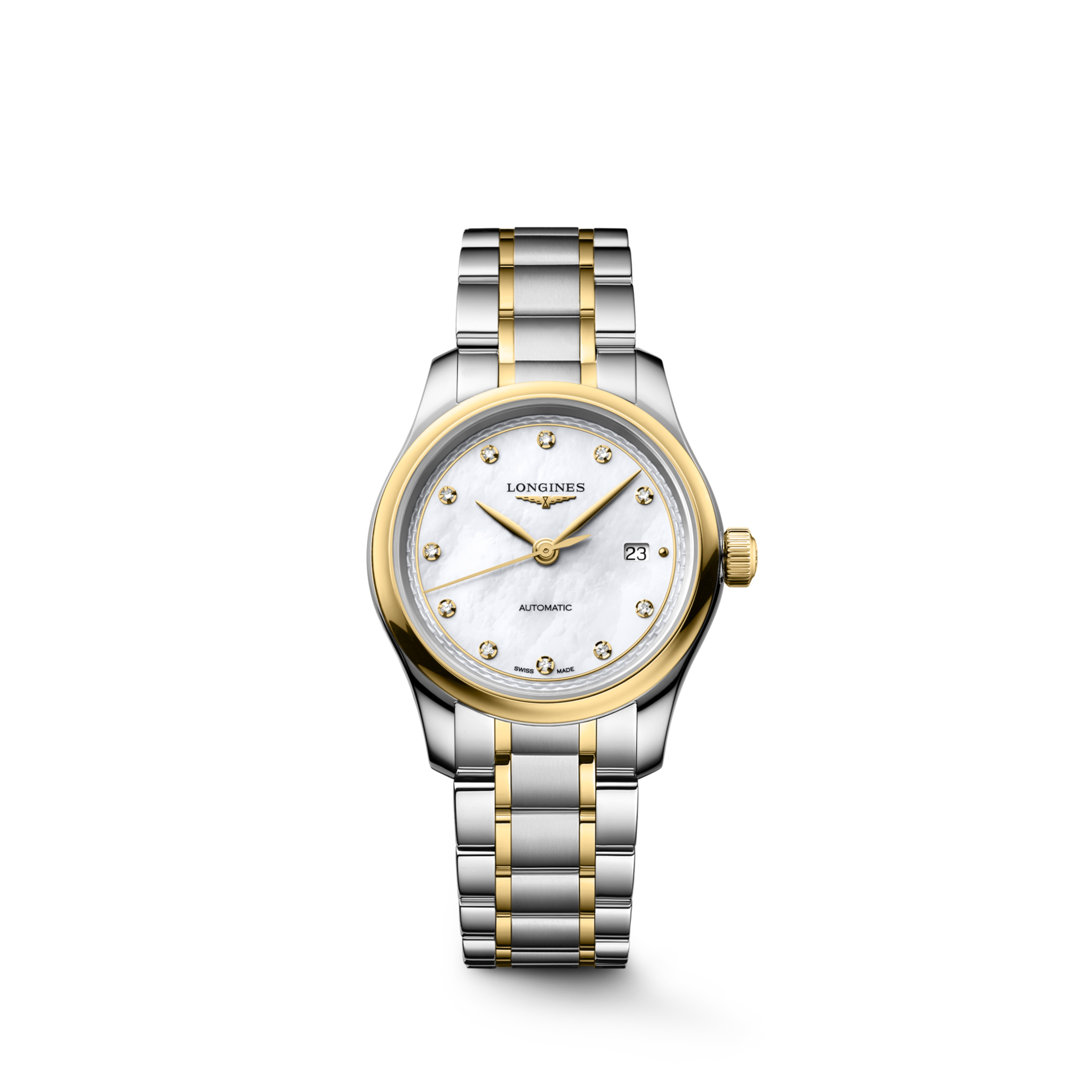 THE LONGINES MASTER COLLECTION L2.449.5.87.7 Automatic, Stainless steel and 18 karat yellow gold cap 200, White mother-of-pearl, Bracelet Watch - Watch soldier
