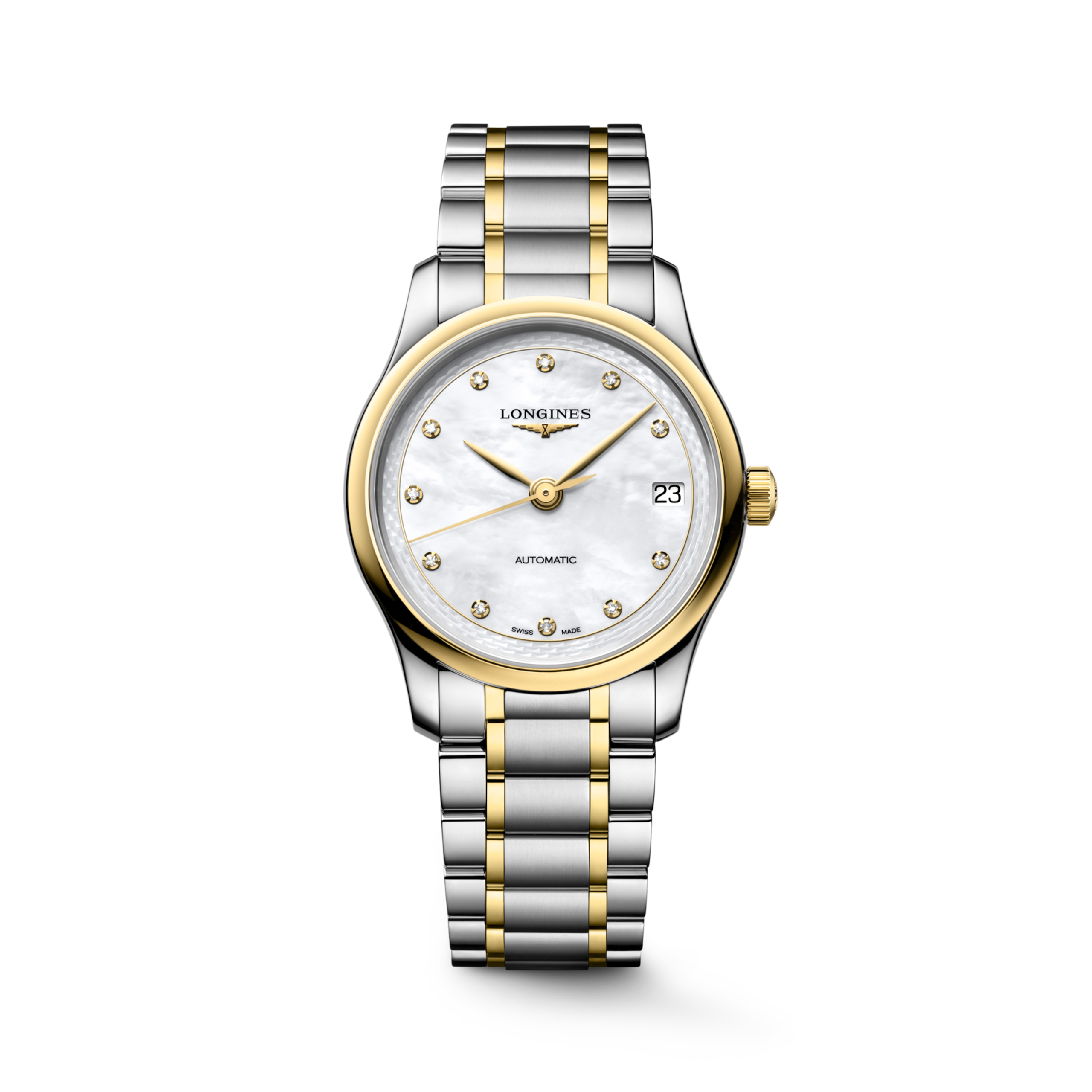 THE LONGINES MASTER COLLECTION L2.450.5.87.7 Automatic, Stainless steel and 18 karat yellow gold cap 200, White mother-of-pearl, Bracelet Watch - Watch soldier